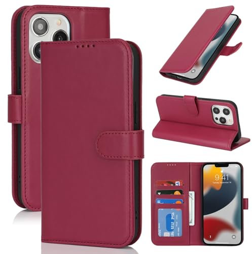 Zouzt Case for iPhone 13 Pro (6.1 Inch), Premium PU Leather Wallet Case with Credit Card Holder Slot Flip Folio Kickstand Shockproof Protective Phone Cover (Red)
