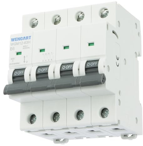 Wengart Disjoncteur miniature triphasé WGM12-63H AC230V/400V, 4P, 6A, 10kA, B-Char, haute résistance aux courts-circuits, matériaux ignifuges pour protéger les systèmes électriques domestiques