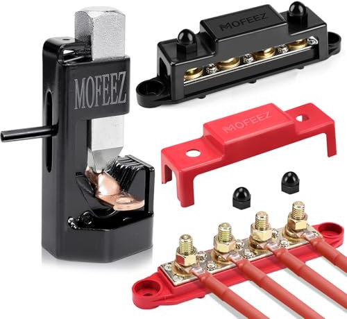MOFEEZ 2pcs Power Distribution Block Bus Bar 4 × 3/8 Posts, 6 × #8 Screws & Hammer Lug Crimping Tool for 8 AWG - 0000 AWG Cables
