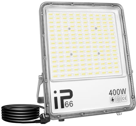 RIGIDON 1x 400W LED Strahler Außen mit Stecker, 40000LM Außenstrahler, 6000K Kaltweiß IP66 Wasserdicht LED Fluter Scheinwerfer Flutlicht für Garten, Innenhöfe, Garage, Terrassen, Hof (1.5M Netzkabel)