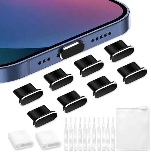 VEINARDYL 8 pcs Dust Plug for iPhone, USB C Charging Port Protector Cap with 10 Cleaning Brush, Headphone Jack Dust Plug Charger Cover compatible with iPhone 15/16 Plus Pro Max iPad 10th/ Air-Black