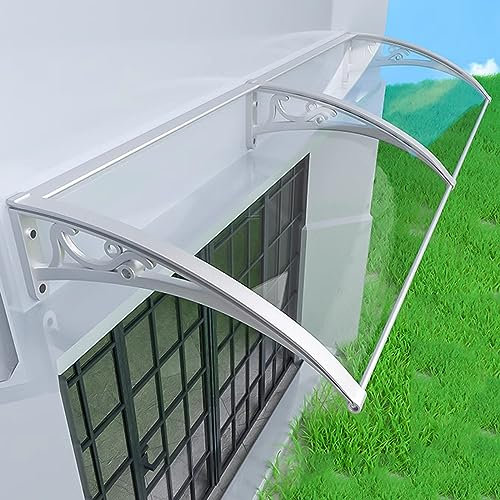 Curved Front Door Canopy Outdoor Awning Window Rain Roof Cover with Polycarbonate Roofing Sheets Aluminium Bracket Soundproofing Self Cleaning Transparent Patio Porch Shelter 32x180