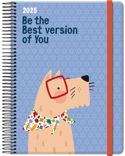 Dohe - Kalender 2025, Tagesansicht, A5 (15 x 21 cm), 12 Monate Januar bis Dezember, Hardcover und Gummi, spanischer Planer, 4 Seiten mit Aufklebern, Büromaterial - Cute Dog