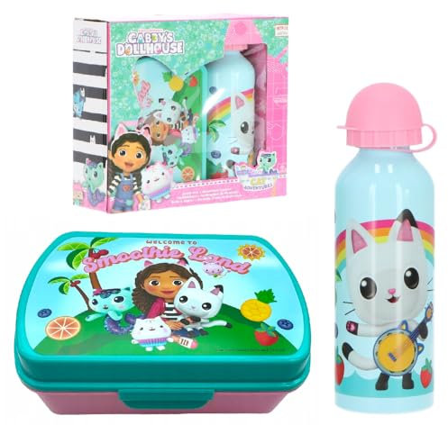 CARTOON Gabby's Dollhouse - Juego de 2 fiambreras de aluminio y fiambrera para niños, con chupete y fiambrera
