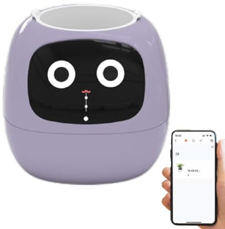 Robot inteligente de plantas para mascotas, maceta interactiva con emojis, monitorea la humedad, la temperatura, la luz solar, riego automático y condiciones de ajuste (morado)