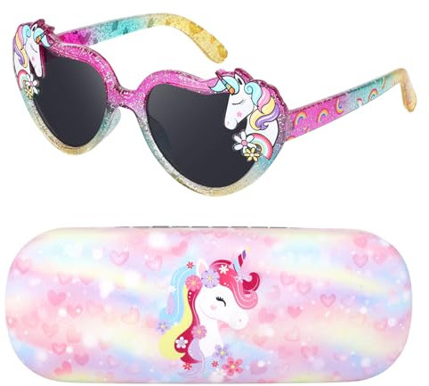Beipegin Lunettes de Soleilen Enfant Lunettes Coeur Lunettes Soleil Licorne et Etui Lunettes Lunettes de Protection UV400 pour Filles