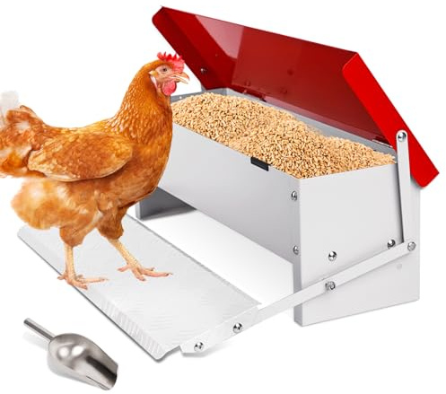 Futterautomat Hühner 7Kg, Metall Hühnerfutterautomat mit Tretpedal | Rattenfest & Regensicherer Geflügelfütterer, Keine Verschwendung Auslaufsicher für Hühner, Enten & Truthähne im Außenbereich