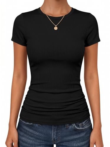 DUOEASE Tshirt Damen Kurzarm Rundhal Oberteile Slim Fit Gerippt Top Sommer | Crew Neck,Stretch,Basic,Casual,Leicht,Elegant,Sport und Fitness,Daily wear,Urlaub,Büro