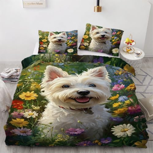 West Highland Terrier Hund Bettwäsche 135x200 Kinder Bettwäsche Tier Westie Hund Weiche Mikrofaser Bettbezug mit Reißverschluss Jungen Mädchen Bettwäsche-Set 3D Motiv Bettbezüge mit 2 Kissen Gux-14169