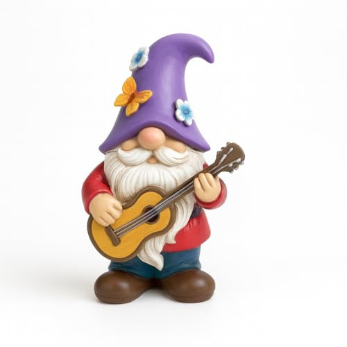 Musical Gnome Figurine with Guitar – Handcrafted Resin Garden or Shelf Decoration, 6.2 Tall Whimsical Gnome Statue with Purple Hat, Flowers & Butterfly, Gift for Music Lovers (Purple)
