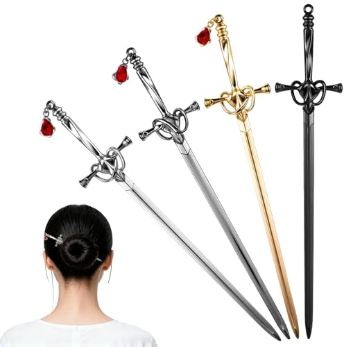 4PCS Chinese Ancient Style Sword Hair Chopsticks, Chinese Ancient Style Sword Hair Pin, Retro Metal Hair-Sticks, CHinese-Hairpins for Women (Silver, Gold, Black, Matte Black)