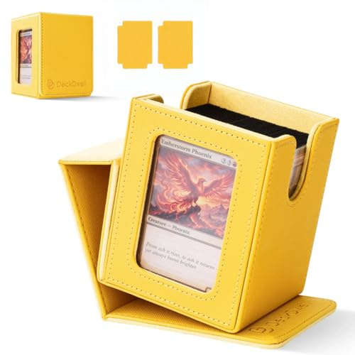 DeckDwell Commander Deck Box MTG 100 Card Holder with Display Window Yellow | PU leather, 4 N52 magnets, fits 100 double-sleeved cards, display window, durable, portable, secure closure