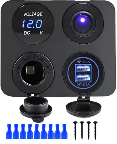Panneau Commutation Marine USB 4-en-1 12V pour Yacht, Ports de Charge de Voiture avec Allume-Cigare 240W, Double Ports de USB, Bleu Voltmètre LED et Interrupteur à Bascule pour Bateau et Camping-Cars