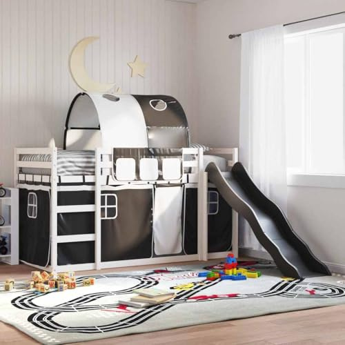Bucmath Etagenbett mit Rutsche, Massivholz Kiefer, Weiß & Anthrazit, 80x200 cm, Kinderbett Spielbett mit Absturzsicherung, inklusive Vorhängen für Jungen & Mädchen