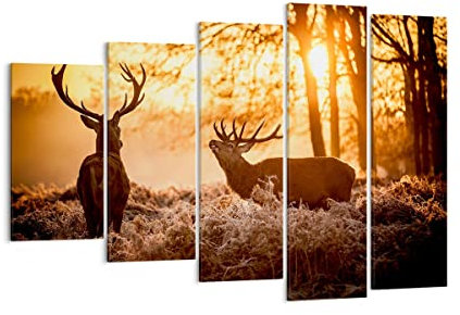 Mehrteilige Bilder auf Leinwand 150x100cm Leinwandbild Deer Heidekraut Tier Groß XXL Wanddeko Bild Schlafzimmer Set 5 teilige Wandbilder Dekoration Wohnzimmer Canvas Wand Kunstdruck Art EG150x100-3043