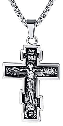 FaithHeart Edelstahl Orthodoxe Kreuzkette für Männer Herren Jungen Kruzifix Anhänger mit Gravur Religiöser Amulett Schmuck