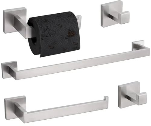TURS 5-Piece Bathroom Hardware Set Brushed Nickel Towel Bar Set Bath Towel Holder Sets Hand Towel Holder 2 Towel Hooks, SUS 304 Stainless Steel, Q7BR-P5