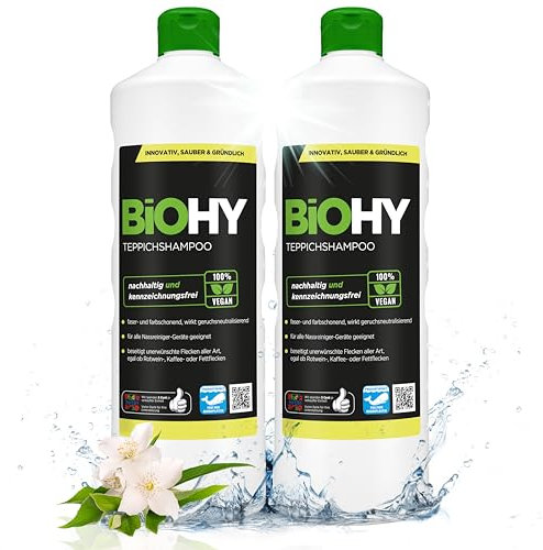 BiOHY Teppichshampoo (2 x 1 liter) | Teppichreiniger Konzentrat | ideal gegen hartnäckige Flecken | materialschonend & tierfreundlich | effektives Bio Mittel | kraftvoller Teppich Schaum