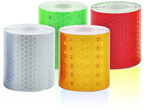 Nastro Catarifrangente Adesivo, 4 Pz 3m x 5cm Nastro Riflettente di Sicurezza Riflettori Marchio di Sicurezza ad Alta visibilità per Auto Moto Bici, Rosso Bianca Verde Giallo