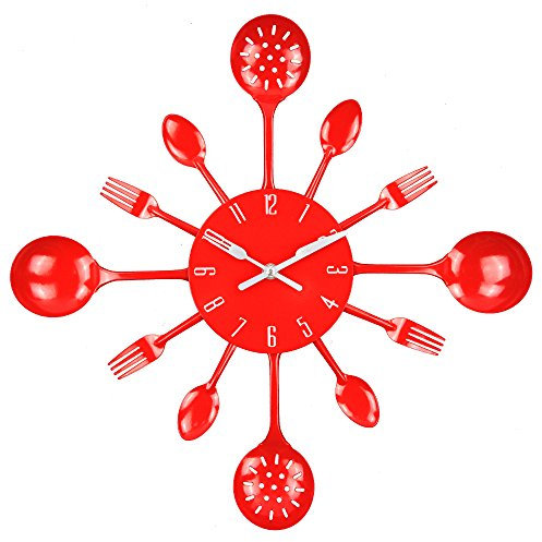Reloj de Cocina Efecto Espejo con diseño de Cuchara, Tenedor, cubertería, Adhesivo Extraible en 3D para decoración del hogar (Rojo)