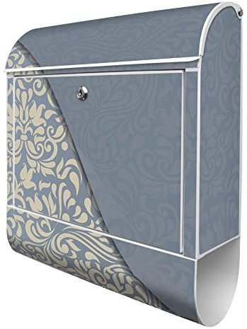 banjado® Design Briefkasten mit WT Blaues Ornament 38,5x46,5x13cm & 2 Schlüssel - Briefkasten Stahl weiß mit Zeitungsfach pulverbeschichtet - Postkasten A4 Einwurf inkl. Montagematerial