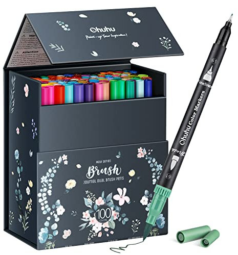 Ohuhu Feutre Coloriage Adulte,Aquarelle Stylos Feutres Double Pointe Fine et Pinceau pour Calligraphie Mandala Dessin Colorant, Maui – Boîte Noire (100)