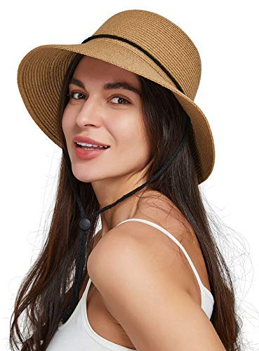Gisdanchz Sombrero Paja Mujer Sombreros Playa Sombrero de Sol Pamela UPF50 UV Verano Plegable Sombreros de Paja Mujer con Visera ala Ancha Protección UV para Viaje, Caqui