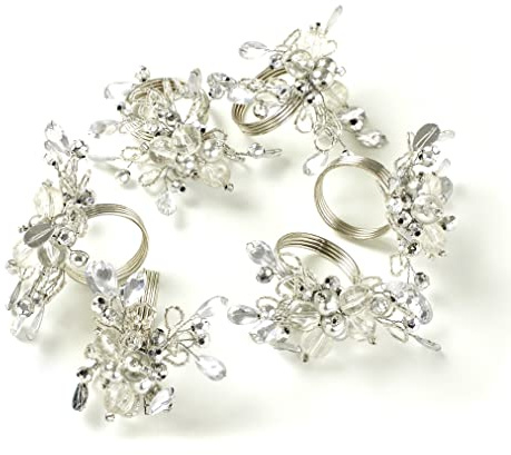 Penguin Home Set of 6 Handcrafted Floral Style Beaded Napkin Rings/Napkin Buckles/Table Decor for Dinner Wedding Party/Thanksgiving, Christmas / 10.5 x 10.5 x 6.5 cm/White & Silver