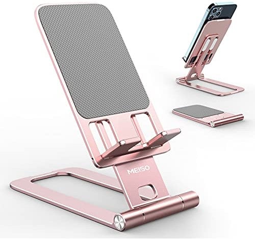 MEISO Cell Phone Stand, Fully Foldable Phone Holder for Desk, Desktop Mobile Phone Cradle Dock Compatible with iPhone, Samsung Galaxy, iPad Mini, Tablets Up to 10” (Rose Gold)