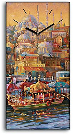 Coloray Uhr auf Leinwand - Schwarze Hände - Wohnzimmer Dekoration Segeltuch Ohne Tickendes Geräusc Kunst Wand Uhr - Istanbul Golden Horn Bay