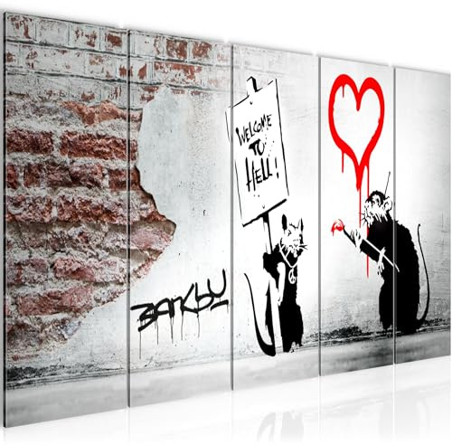 Runa Art Wandbild XXL Banksy Graffiti Zitat Ratten Loft Wohnzimmer 200 x 80 cm Schwarz Grau Rot 5 Teilig - Made in Germany - 040455a