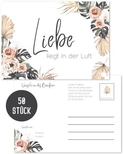 Things of Happiness Ballonkarten Hochzeit im Boho Stil | 50 x gelochte Ballonflugkarten als Hochzeitsspiel | Postkarten für Luftballons extra leicht (Beige Rosen, Palmen 50 Stück)
