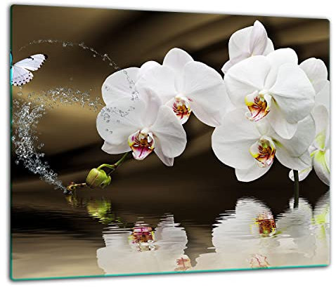 TMK | Herdabdeckplatte 60x52 Einteilig Glas Elektroherd Induktion Herdschutz Spritzschutz Glasplatte Deko Schneidebrett Orchidee