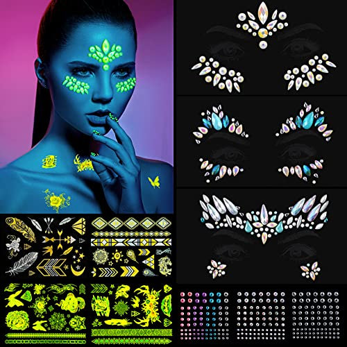 Vinglako 10 Packs Tattoo Aufkleber Glow in the dark temporäre Tattoo Aufkleber Acrylkristall Glitter Aufkleber, Gesichts Aufkleber für Augen Gesicht, Körper, temporäre Tattoos Aufkleber,