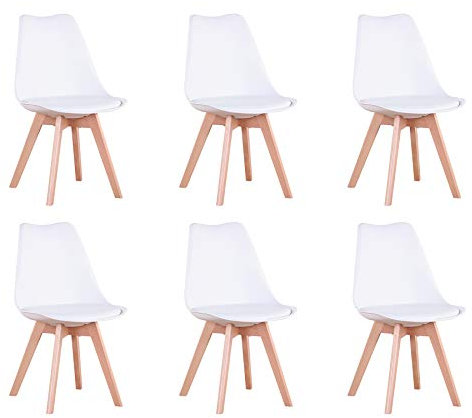 EGOONM 6er Set Esszimmerstühle, Skandinavisch, Retro-Design, Gepolstert, für Küche, Büro, mit Beinen aus Massivem Buchenholz (Weiß)