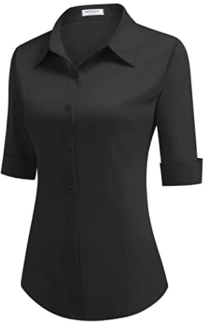Hotouch Camicetta da Donna con Manica a 3/4 Camicia con Cotone Camicetta | Scollo a V | Base | Slim Fit | Knop Bar Tops | Business Camicie | XS-XXL