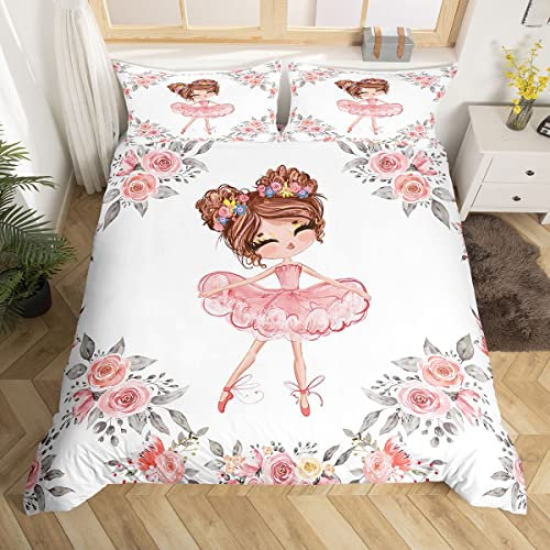 Ballett-Bettwäsche-Set, 220 x 240 cm, für Mädchen und Kinder, Bettbezug Ballerina, Design Bettbezug kleine Tänzerinnen, Bettwäsche, Rosenblüte, Weiß / Rosa