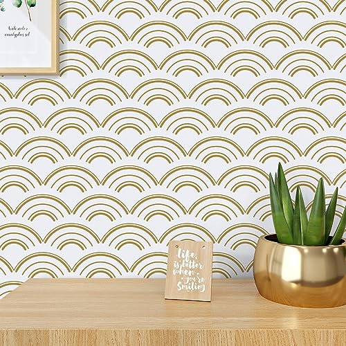 VaryPaper Papier Peint Geometrique Moderne 44.5cmx200cm Papier Peint Or Motif Papier Adhesif pour Meuble Blanc Rouleau Papier Vinyl Autocollant Papier Peint Adhesif Mural Salon Salle de Bain Armoire