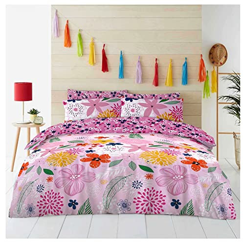 Lions Complete Bedding Set - Flower Printed Duvets Cover with Matching Pillowcase, Ultra Soft Reversible Poly Cotton Quilt Covers for Girls Women, Single Double King (Pink Floral, King)
