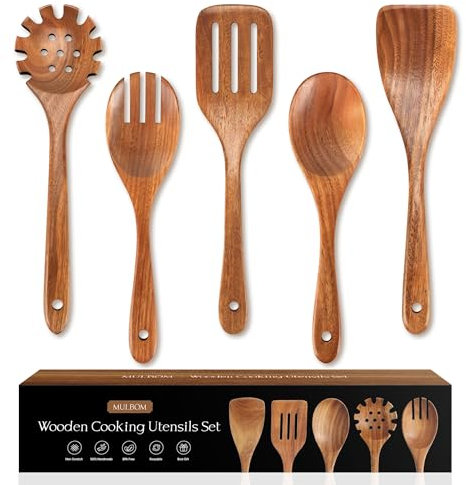5 PCS Wooden Spoons for Cooking Natural Teak Kitchen Utensils Set Smooth Non-Stick Surface Cooking Utensils Set Soft Comfort-Grip Wooden Spatula Set