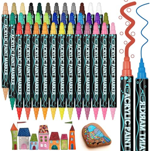 AUAUY Feutre Acrylique, Feutre Marqueur Acrylique Double Pointe Pinceau, 36 Couleurs Feutre Peinture Acrylique pour Galet, Cuir, Textile, Verre, Plastique, Bois Stylos Peinture