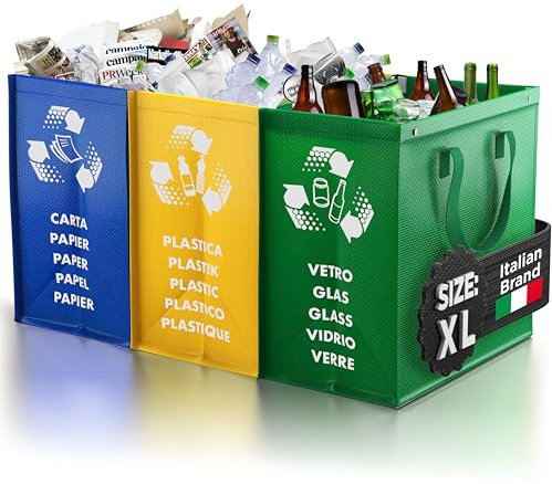 PTMS® Cubos de basura de reciclaje MAXI XL - 3 Cubo basura reciclaje para vidrio, papel y plástico - Bolsas reciclaje en colores estándar - Papelera cocina fácil de vaciar