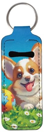 Xoenoiee Cute Corgi Rubber Ball Print Girl Women Chapstick Holder Keychain Neoprene Lip Balm Lipstick Lip Gloss Holder, 1 Pack