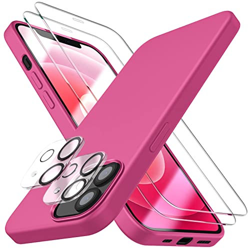 Dssairo [5 in 1 für iPhone 12 Hülle/iPhone 12 Pro Hülle 6.1, mit 2 Pack Displayschutzfolie + 2 Pack Kameraobjektivschutz, Flüssigsilikon Slim Stoßfest Schutzhülle Handyhülle(Hot Pink)
