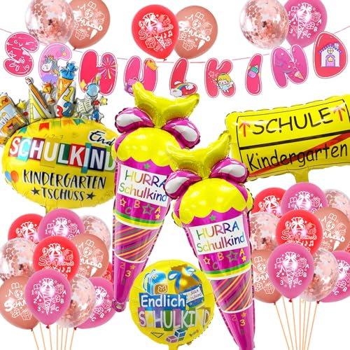 Betensh 2024 Deko Einschulung Mädchen, Einhorn SCHULKIND Girlande+2024 Zuckertüten Folienballon+28 Luftballon+Einschulung Schulanfang Deko
