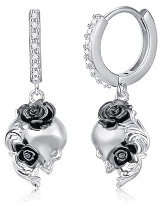 OHAYOO 925 Sterling Silber Totenkopf Ohrringe Hängend Blumen Schwarze Schmuck Drop Flower für Damen