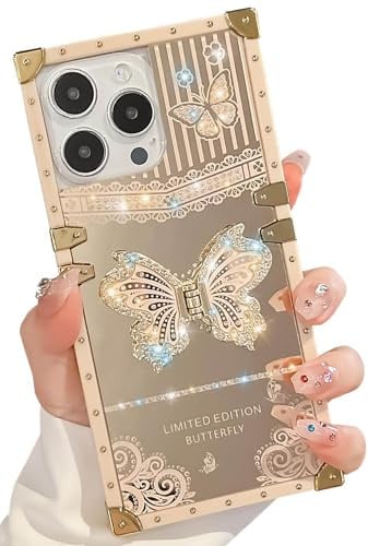 TETAW Cute Compatible with iPhone 16 Pro Max Case with Luxury Bling Glitter Butterfly Foldable Stand Kickstand,Girly Soft PC Mirror Bumper Protective Cover for Women & Girls(Light Gold)