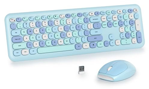 SOLIDEE Combo Tastiera e Mouse Wireless Colorato,tastiera per macchina da scrivere retrò 2.4GHz,104 Tasti con Tastierino Numerico,Tastiera a Membrana Silenziosa(Americana QWERTY)(Blue)