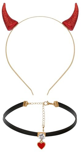 Teufelshörner Teufels Ohren Haarreif Haarschmuck mit Herz Choker Halskette für Damen Herren Halloween Fasching Kostüm Karneval Cosplay Party (Rot)