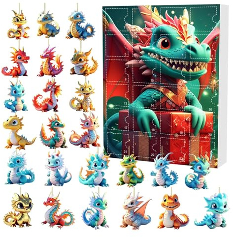 Weihnachts-Drachen-Adventskalender 2024, 24 Tage, Weihnachts-Countdown-Kalender mit Drachen-Anhängern, Ornamenten, Acryl-Drachen-Adventskalender (Mehrfarbig 1, 24 Stück)